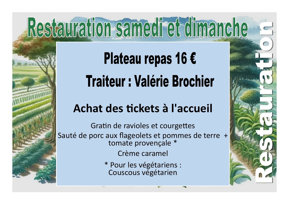 Menu du Festival de l’Arbre : plateau repas à 16 € par le traiteur Valérie Brochier, samedi et dimanche. Tickets à l’accueil. Détail du menu ci-dessous.